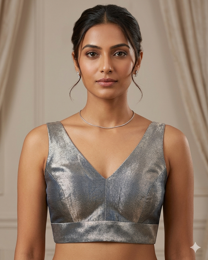 Light Grey / Silver - Silky Saree blouse with cups,  Sleeveless - 42" - UK Stock - Quick Delivery - RNK - R722A-KY