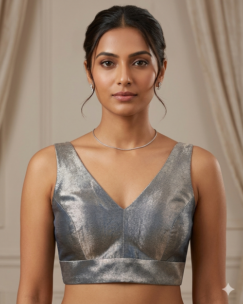 Light Grey / Silver - Silky Saree blouse with cups,  Sleeveless - 42" - UK Stock - Quick Delivery - RNK - R722A-KY