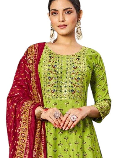 Lime Green - Cotton Block Printed Long Dress with Dupatta - Available in Sizes 14(40") & 20 (46") - BH1007 KK 0924