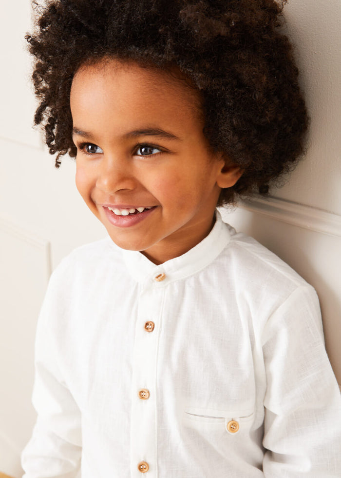 Linen Mao Collar Long Sleeve Shirt in White (12mths-10yrs) SHIRTS from Pepa London