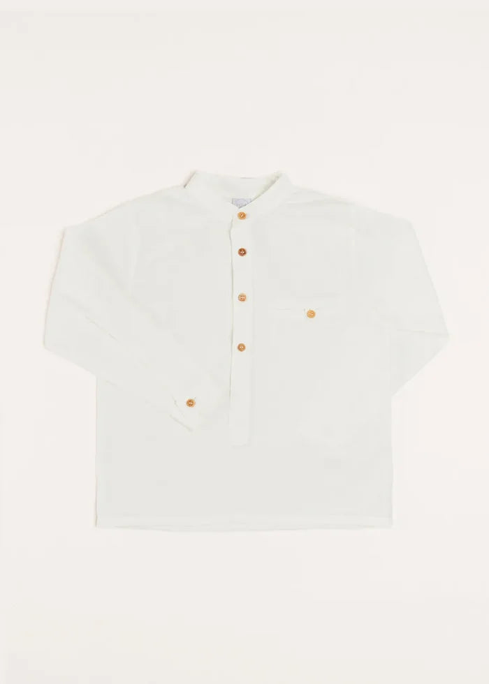 Linen Mao Collar Long Sleeve Shirt in White (12mths-10yrs) SHIRTS from Pepa London