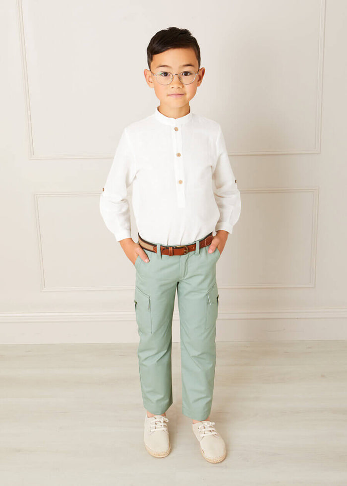 Linen Mao Collar Long Sleeve Shirt in White (12mths-10yrs) SHIRTS from Pepa London