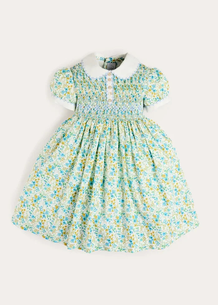 Louisa Floral Hand Smocked Short Sleeve Dress in Blue (12mths- 10yrs) DRESSES from Pepa London