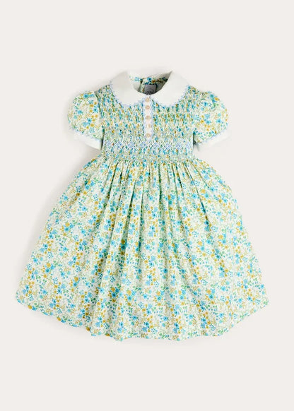 Louisa Floral Hand Smocked Short Sleeve Dress in Blue (12mths- 10yrs) DRESSES from Pepa London