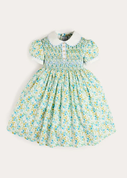 Louisa Floral Hand Smocked Short Sleeve Dress in Blue (12mths- 10yrs) DRESSES from Pepa London