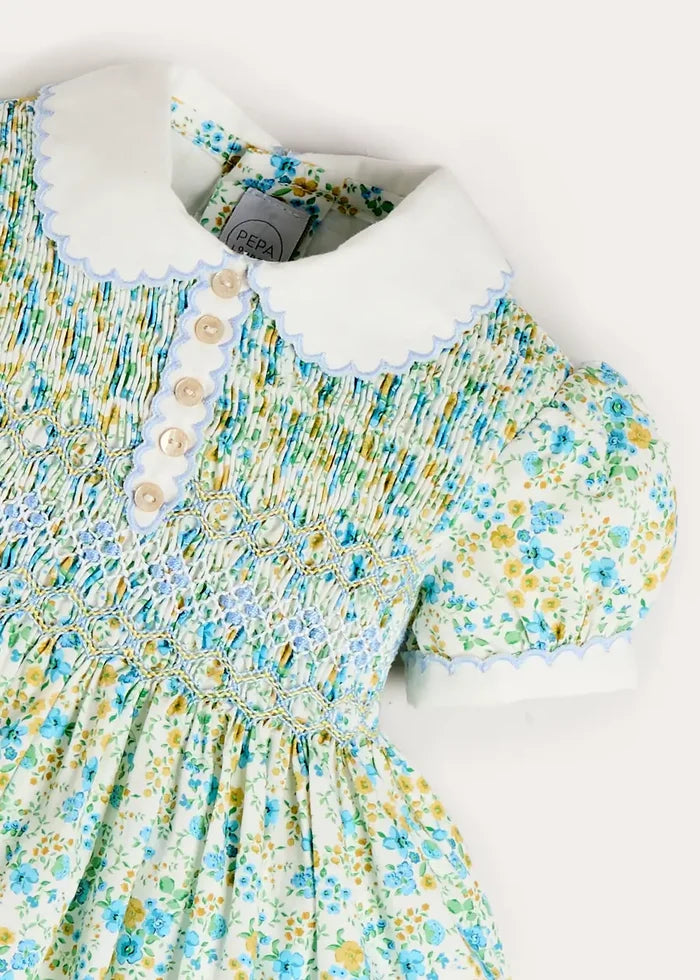 Louisa Floral Hand Smocked Short Sleeve Dress in Blue (12mths- 10yrs) DRESSES from Pepa London