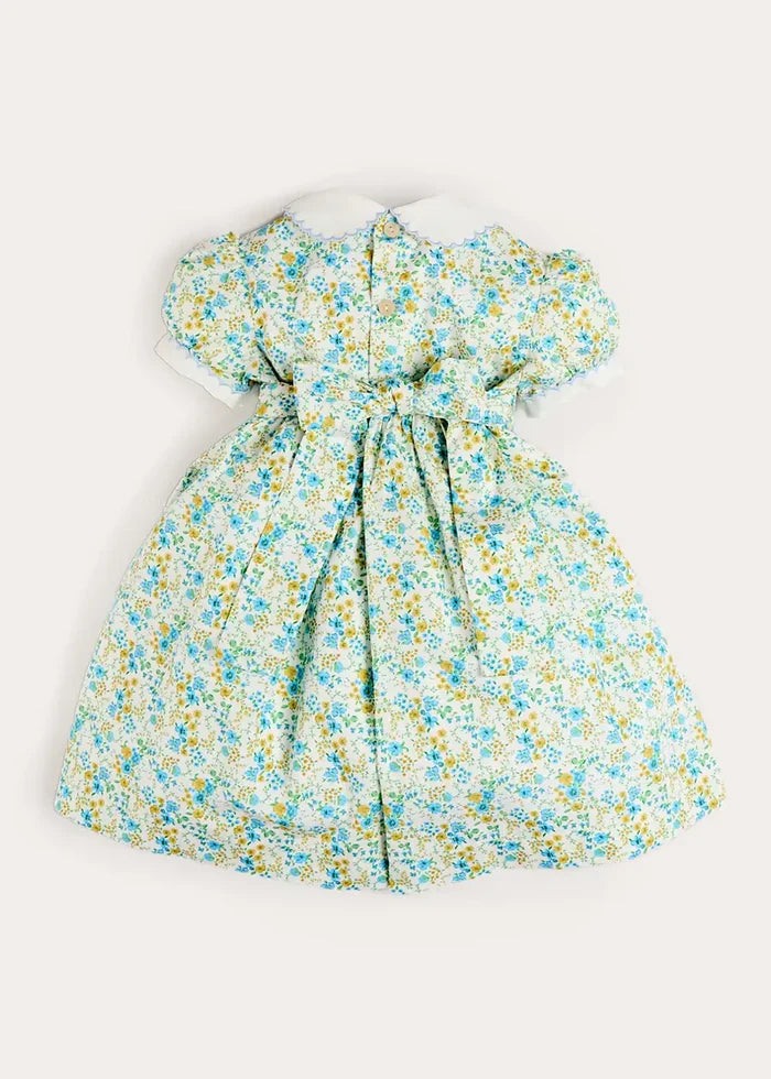 Louisa Floral Hand Smocked Short Sleeve Dress in Blue (12mths- 10yrs) DRESSES from Pepa London