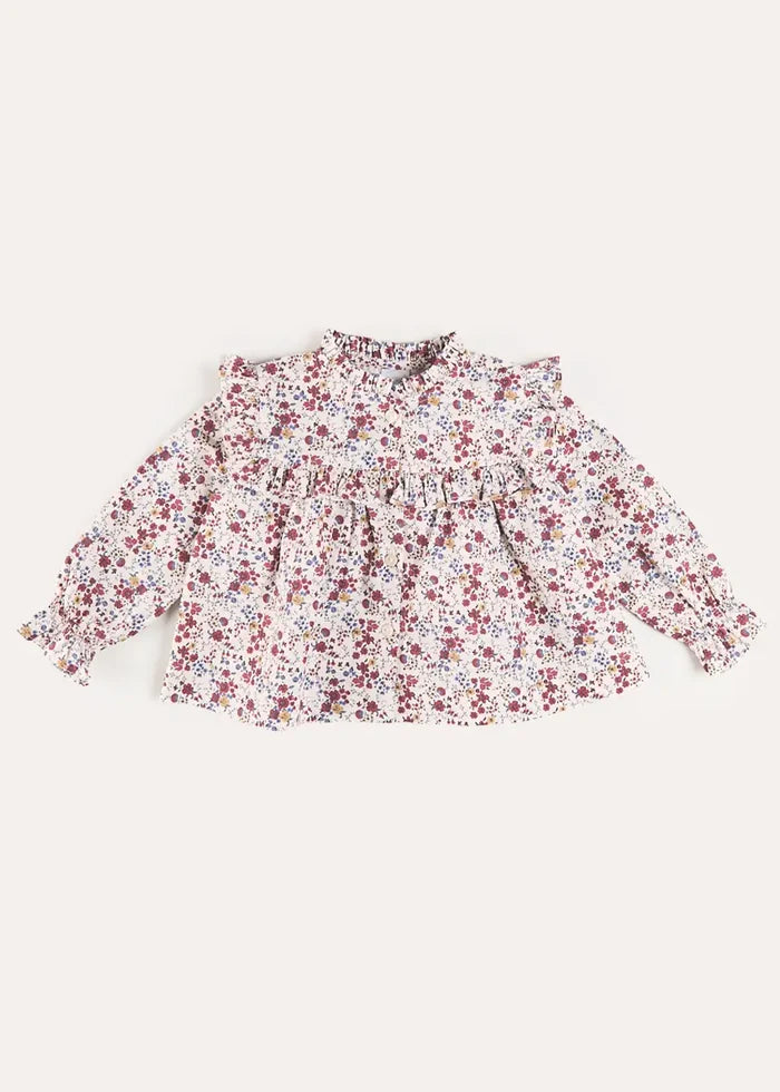 Louisa Floral Ruffle Trim Long Sleeve Blouse in Burgundy (4-10yrs) BLOUSES from Pepa London