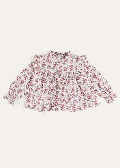 Louisa Floral Ruffle Trim Long Sleeve Blouse in Burgundy (4-10yrs) BLOUSES from Pepa London