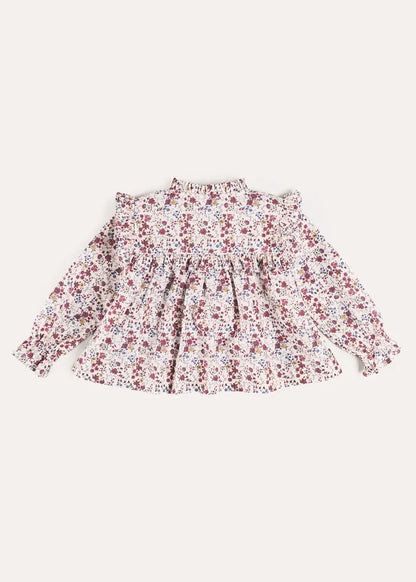Louisa Floral Ruffle Trim Long Sleeve Blouse in Burgundy (4-10yrs) BLOUSES from Pepa London
