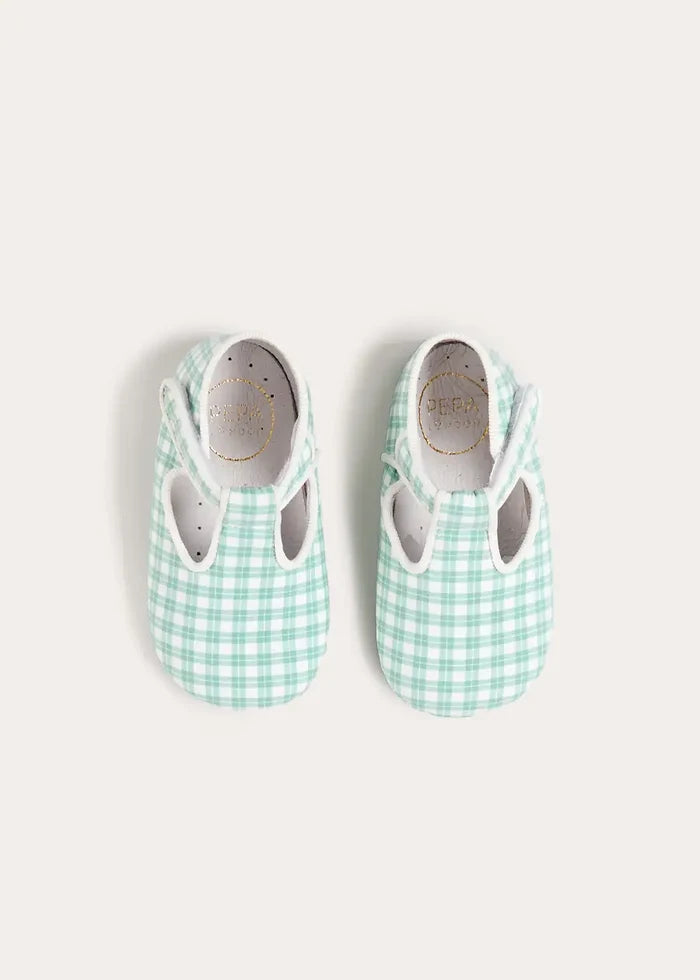 Lucas Check T-Bar Pram Shoes in Green (17-20EU) SHOES from Pepa London