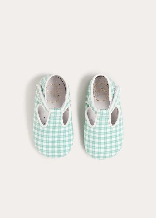 Lucas Check T-Bar Pram Shoes in Green (17-20EU) SHOES from Pepa London