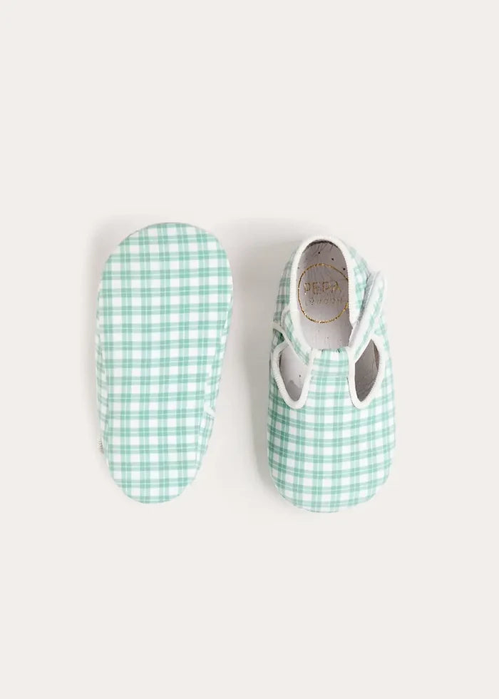 Lucas Check T-Bar Pram Shoes in Green (17-20EU) SHOES from Pepa London