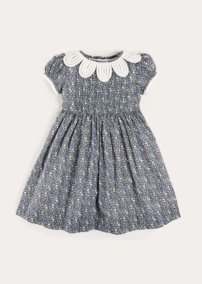 Lydia Floral Petal Collar Short Sleeve Bow Detail Dress in Blue (2-12yrs) DRESSES from Pepa London