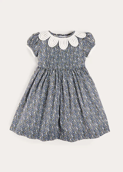 Lydia Floral Petal Collar Short Sleeve Bow Detail Dress in Blue (2-12yrs) DRESSES from Pepa London