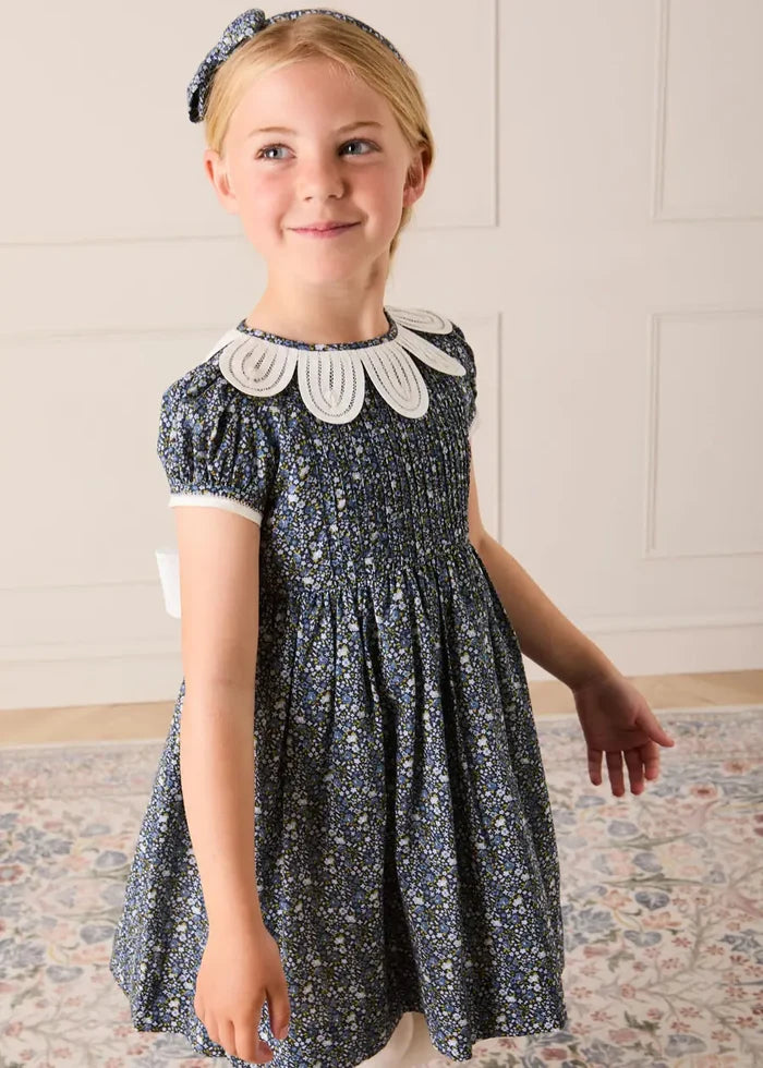 Lydia Floral Petal Collar Short Sleeve Bow Detail Dress in Blue (2-12yrs) DRESSES from Pepa London