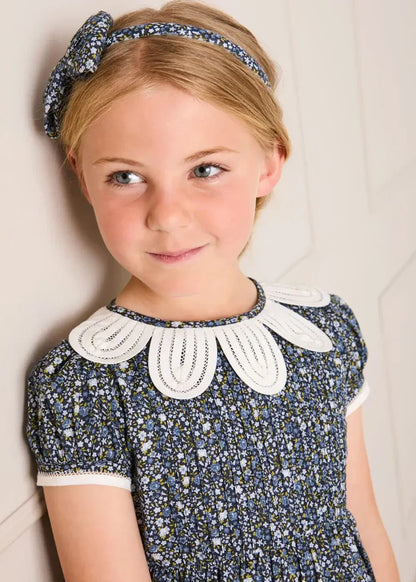 Lydia Floral Petal Collar Short Sleeve Bow Detail Dress in Blue (2-12yrs) DRESSES from Pepa London