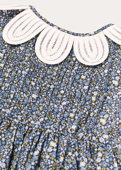 Lydia Floral Petal Collar Short Sleeve Bow Detail Dress in Blue (2-12yrs) DRESSES from Pepa London