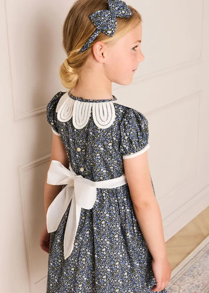 Lydia Floral Petal Collar Short Sleeve Bow Detail Dress in Blue (2-12yrs) DRESSES from Pepa London