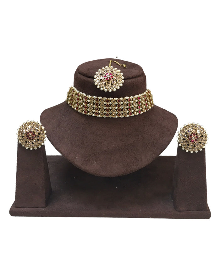 Magenta - Large - Antique Gold Finish Necklace Set with Earrings - AE2401 H 0724