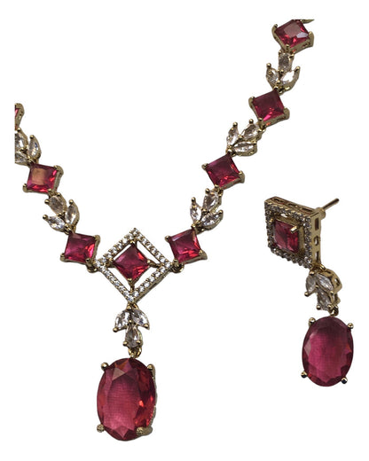 Magenta - Medium - Antique Gold Finish Necklace Set with Earrings - AE2407 A 0724