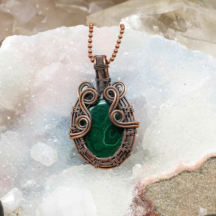 Malachite Copper Wire Wrapped Teardrop Pendant 2.35"