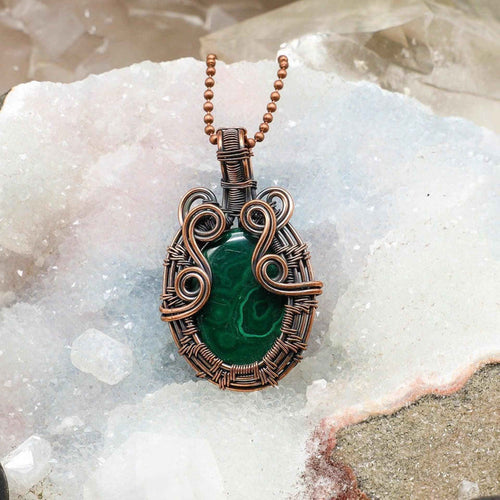 Malachite Copper Wire Wrapped Teardrop Pendant 2.35"