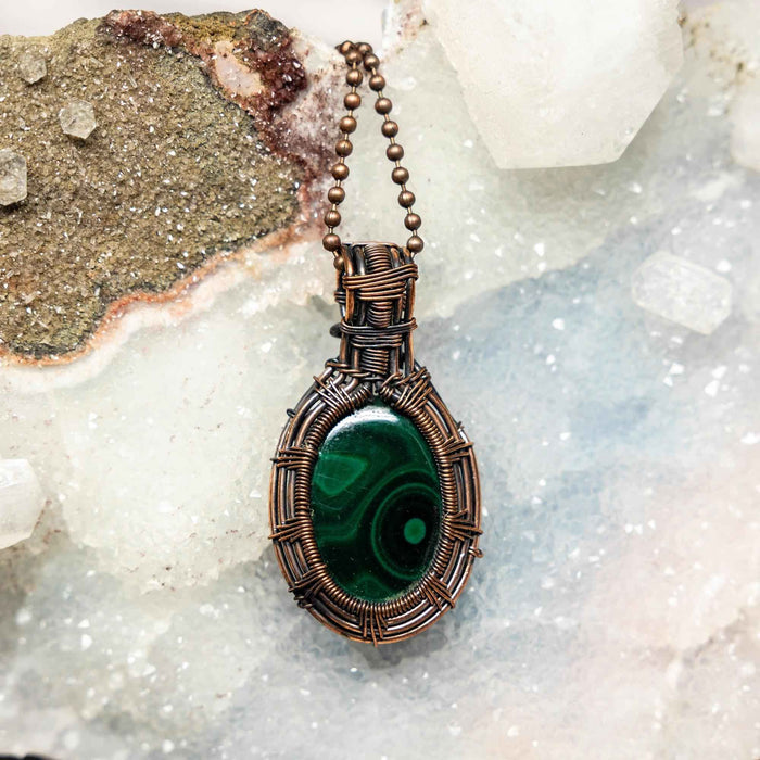 Malachite Crystal Oval Wire Wrap Copper Pendant Unique