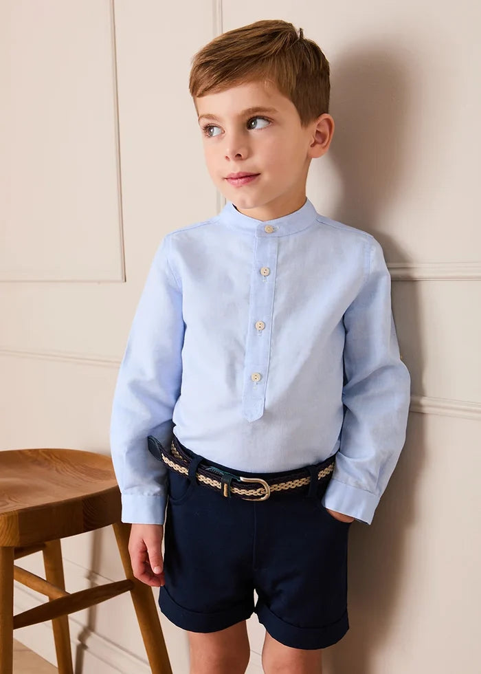 Mao Collar Linen Blend Shirt in Blue (18mths- 10yrs) SHIRTS from Pepa London
