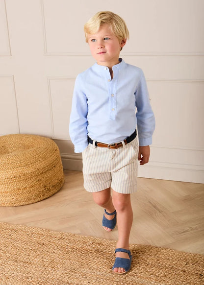 Mao Collar Linen Blend Shirt in Blue (18mths- 10yrs) SHIRTS from Pepa London
