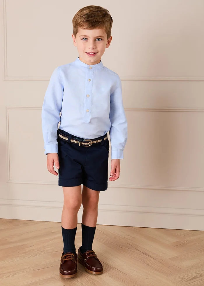 Mao Collar Linen Blend Shirt in Blue (18mths- 10yrs) SHIRTS from Pepa London