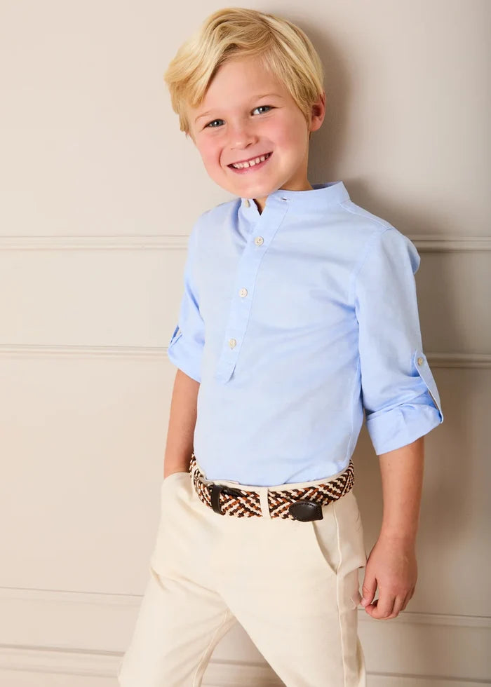 Mao Collar Linen Blend Shirt in Blue (18mths- 10yrs) SHIRTS from Pepa London