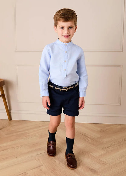 Mao Collar Linen Blend Shirt in Blue (18mths- 10yrs) SHIRTS from Pepa London