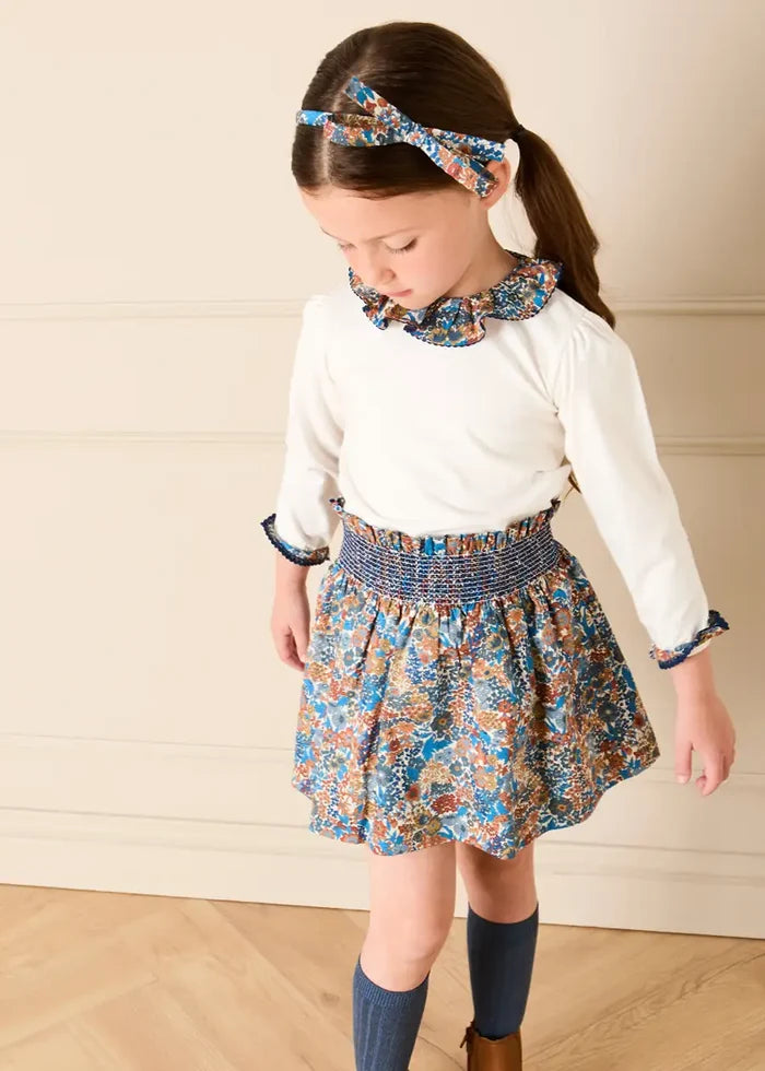 Margaret Annie Floral Ruffle Collar Top in Blue (2-10yrs) Tops & Bodysuits from Pepa London
