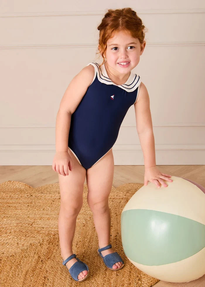 Mariner Collar Embroidered Boat Motif Swimsuit in Navy (12mths-10yrs) SWIMWEAR from Pepa London