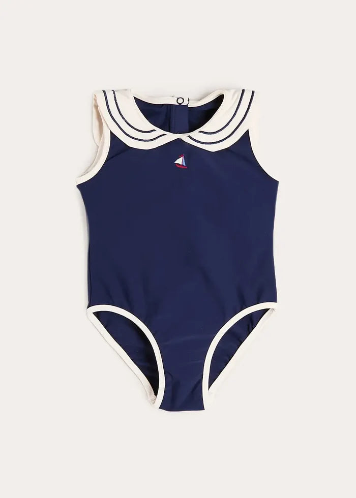 Mariner Collar Embroidered Boat Motif Swimsuit in Navy (12mths-10yrs) SWIMWEAR from Pepa London