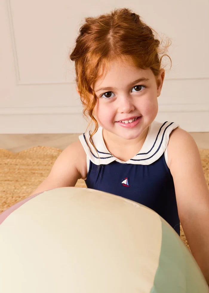 Mariner Collar Embroidered Boat Motif Swimsuit in Navy (12mths-10yrs) SWIMWEAR from Pepa London