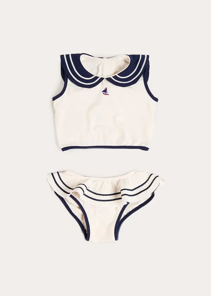 Mariner Collar Embroidered Boat Motif Two Piece Swimsuit in White (12mths- 10yrs) SWIMWEAR from Pepa London