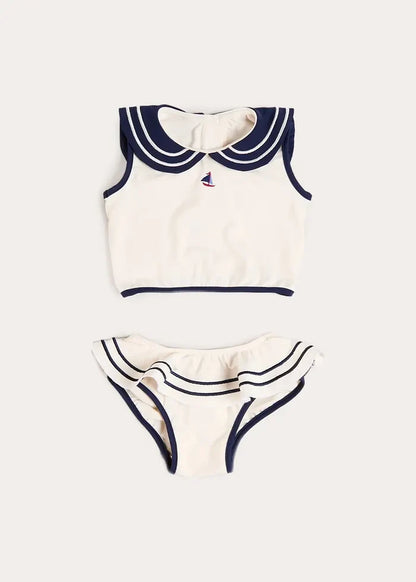 Mariner Collar Embroidered Boat Motif Two Piece Swimsuit in White (12mths- 10yrs) SWIMWEAR from Pepa London