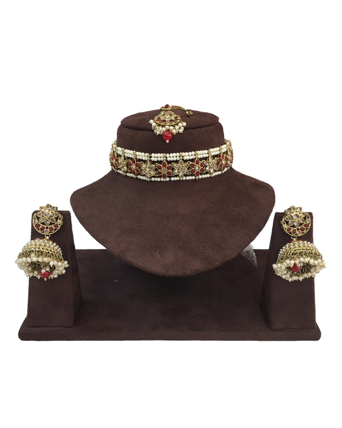 Maroon - Large Size Antique Gold Finish Necklace Set with Earrings - RAK95  KV 0424