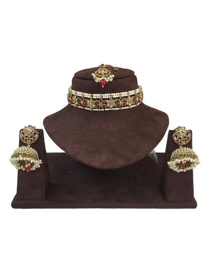 Maroon - Large Size Antique Gold Finish Necklace Set with Earrings - RAK95  KV 0424