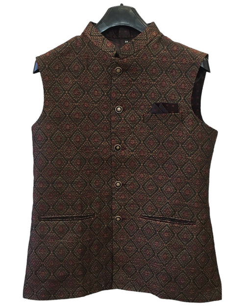 Maroon / Black -  Banarasi Handloom Brocade Mens Waistcoat - Amazing Fit - Great Quality - YD2410 KA 0424