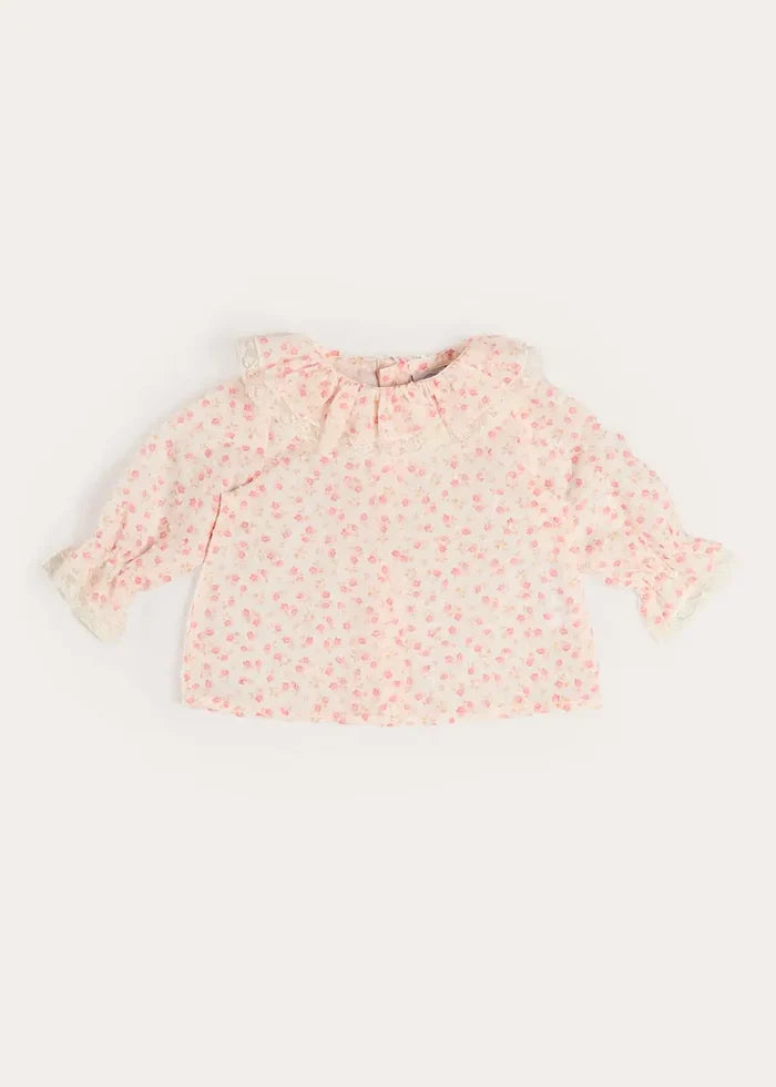 Martha Floral Ruffle Collar Lace Trim Long Sleeve Blouse in Pink (1mth-12mths) BLOUSES from Pepa London