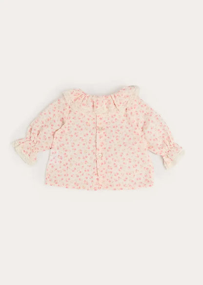 Martha Floral Ruffle Collar Lace Trim Long Sleeve Blouse in Pink (1mth-12mths) BLOUSES from Pepa London