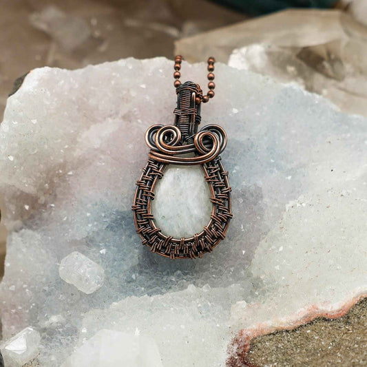 Moonstone Copper Wire Wrapped Teardrop Pendant Necklace