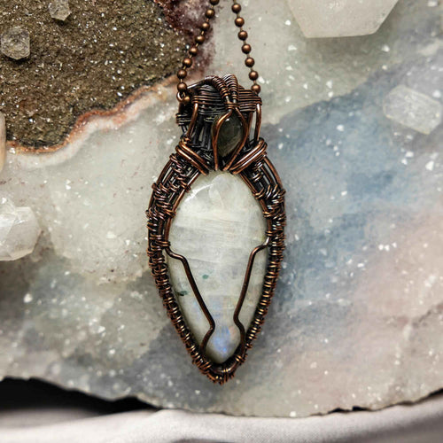 Moonstone Crystal Wire Wrap Pendant Copper Adularescent