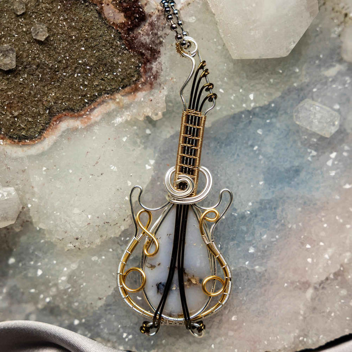Moss Agate Crystal Guitar Copper Wire Wrap Pendant 3.5"