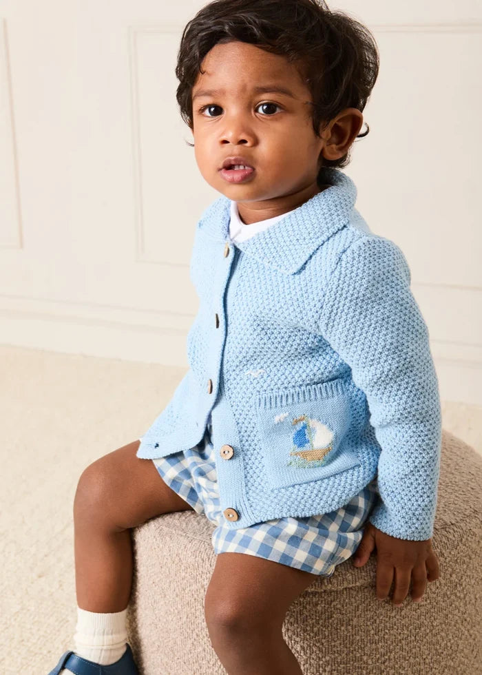 Nautical Boat Embroidery Polo Collar Cardigan in Sky Blue (12mths-6yrs) KNITWEAR from Pepa London