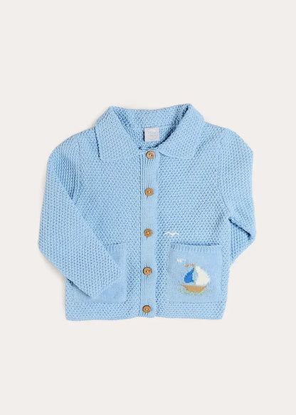 Nautical Boat Embroidery Polo Collar Cardigan in Sky Blue (12mths-6yrs) KNITWEAR from Pepa London