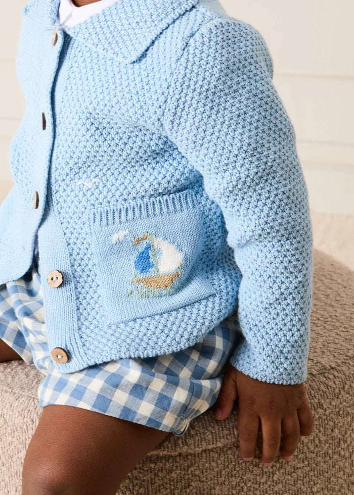 Nautical Boat Embroidery Polo Collar Cardigan in Sky Blue (12mths-6yrs) KNITWEAR from Pepa London